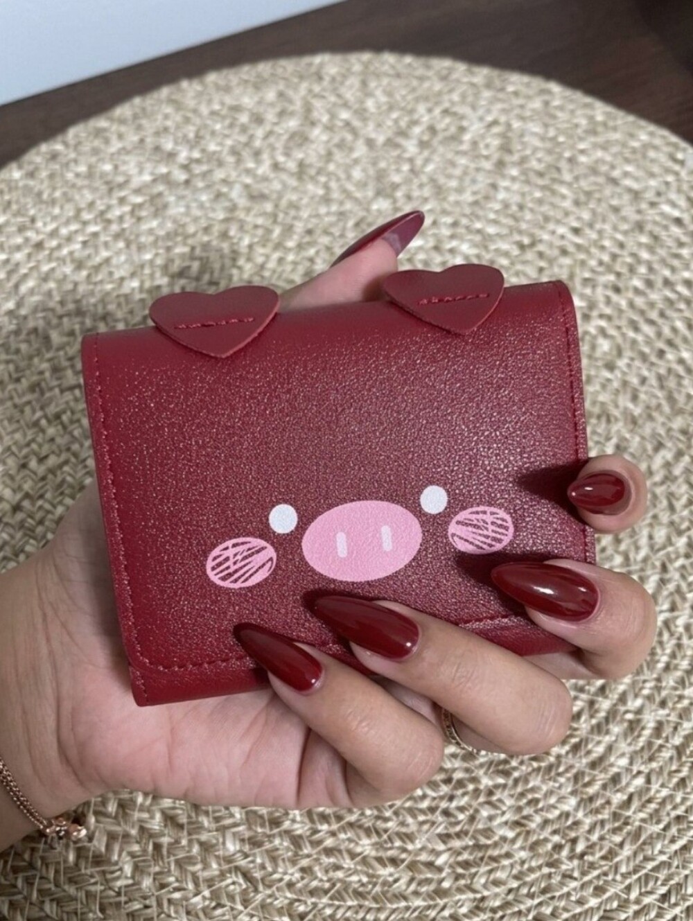 Womens Piggy Face Tri Fold Wallet with Snap Closure and Decor Ears.